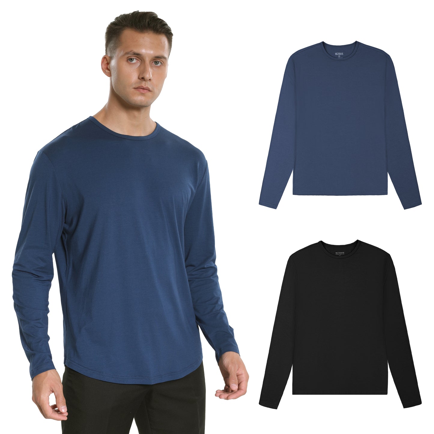Men's 2 Pack Long Sleeve Curved Hem Bamboo T-Shirt