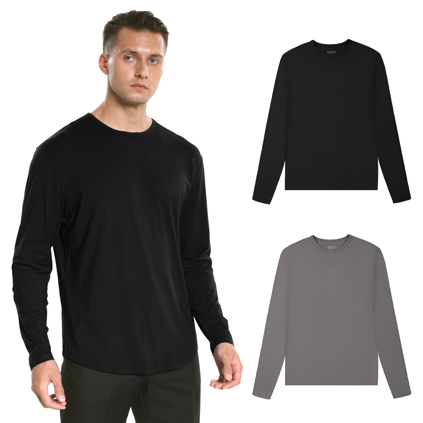 Men's 2 Pack Long Sleeve Curved Hem Bamboo T-Shirt