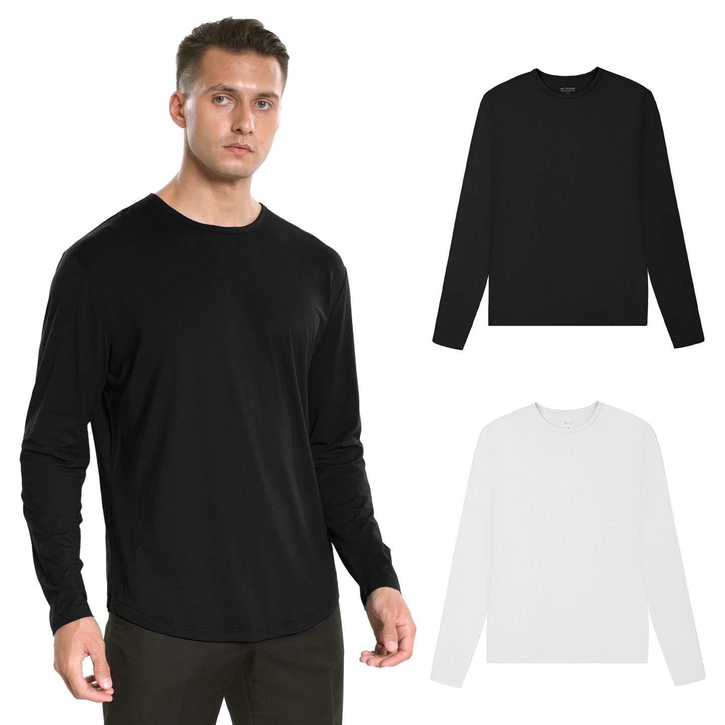 Men's 2 Pack Long Sleeve Curved Hem Bamboo T-Shirt