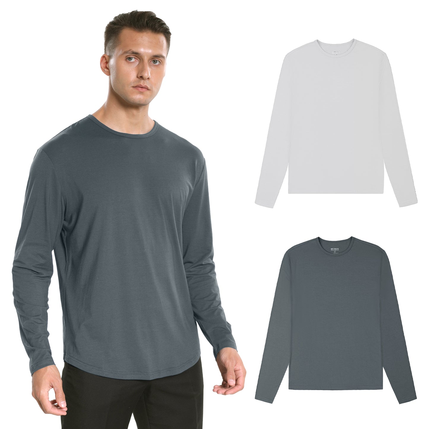 Men's 2 Pack Long Sleeve Curved Hem Bamboo T-Shirt