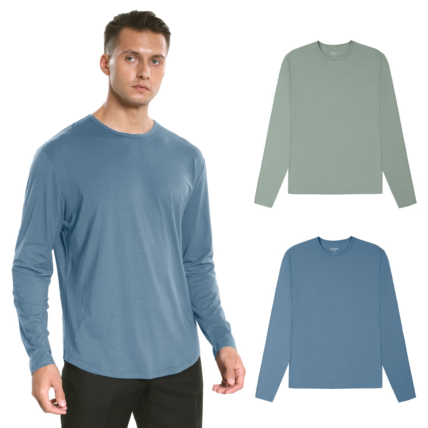 Men's 2 Pack Long Sleeve Curved Hem Bamboo T-Shirt
